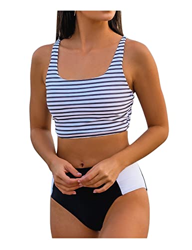 Duehony Women Two Piece High Waisted Bikini Sporty Teen Girl Swimsuit Crop Tankini Swim Top Striped Colorblock Bathing Suit #TOP12