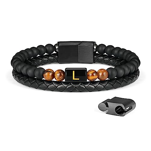 LUXEJEW Beaded Bracelets for Men - Black Mens Leather Bracelet Beads Letter L Initial Bracelet for Men Gifts Tiger Eye Bracelets Mens Jewelry Men's Gifts for Husband Dad Son
