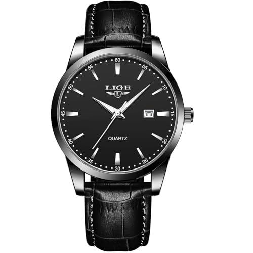 LIGE Montre Homme Montres pour Homme Etanche Nintage Noir Cuir Quartz Businessmens Watches avec Date - Cadeau Anniversaire, Noir