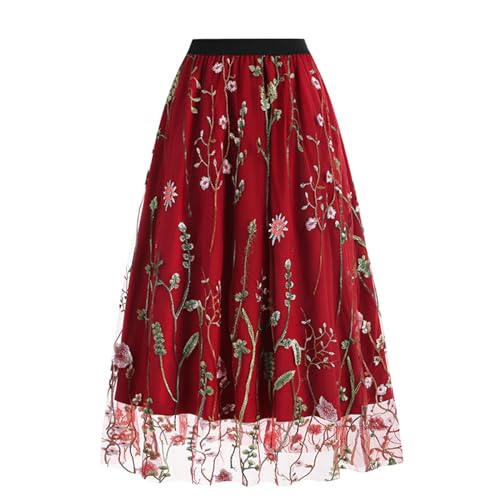 Women's 3D Embroidered Double-Layered Mesh Midi Skirt High Waist Pleated Skirt Midi Swing Skirt A-Line Vintage Skirts