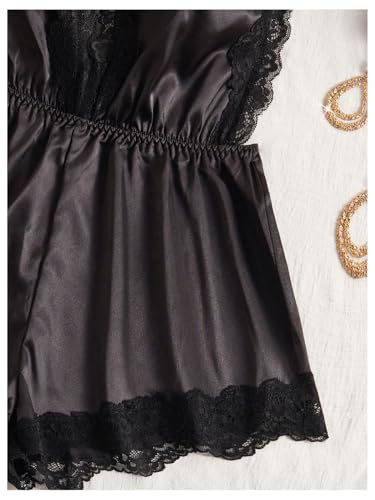 OYOANGLE Women's Satin Nightgowns Lace Deep V Neck Teddy Lingerie Sleeveless Romper Sleepwear4