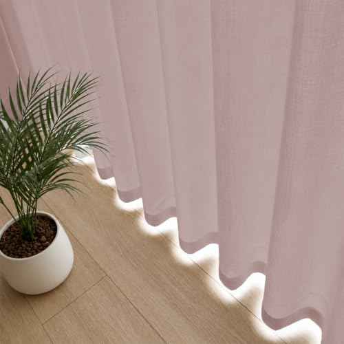 Image of LINENWALAS Aesthetic Sheer Curtains 5 Feet Long Set of 2, Poly Linen Shrink & Fade Proof Drapes for Window, Semi Transparent Modern Panels with Grommet Hanging for Living Room (Baby Pink /5 Feet)