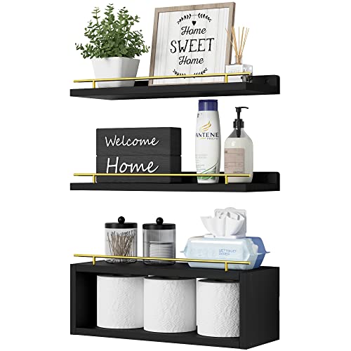 Wopitues Floating Shelves With Extra Cube Shelf, Shelves For Wall Decor With Gold Metal Rail, Wall Shelves For Bedroom, Bathroom, Kitchen, Living Room, Plants, Pictures, Toilet Paper- Black And Gold #TOP26