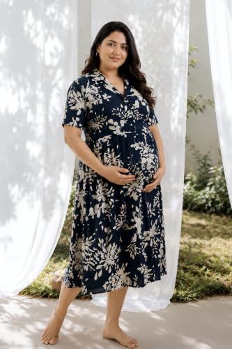 Image of ZELENA Rayon Lapel Neck Zipless Maternity Feeding Dress | Soft 100% rayon dress featuring a lapel neck, button-down zipless nursing , and half sleeves