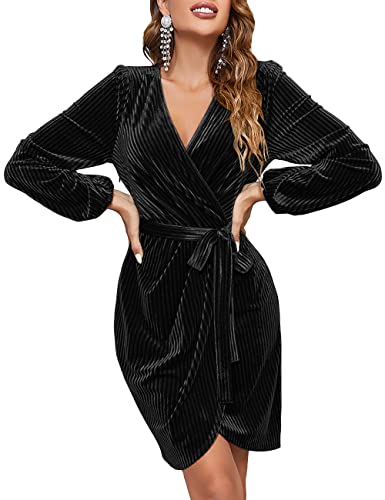 MEROKEETY Womens Long Sleeve Wrap Velvet Mini Dress