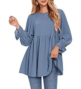EXLURA Womens Summer Dressy Tops Ruffle Long Lantern Sleeve Swiss Dot Babydoll Peplum Top Round N...