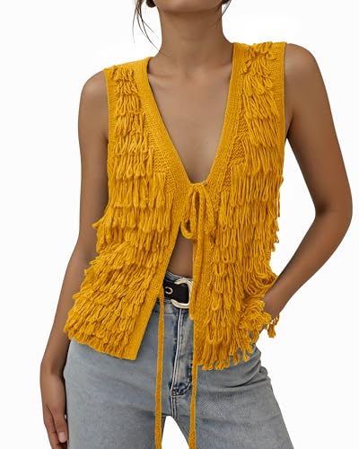 Messic Sweater Vest for Women V Neck Tie Front Knit Tops Fall Clothes Crochet Oversized Sleeveless Sweater2