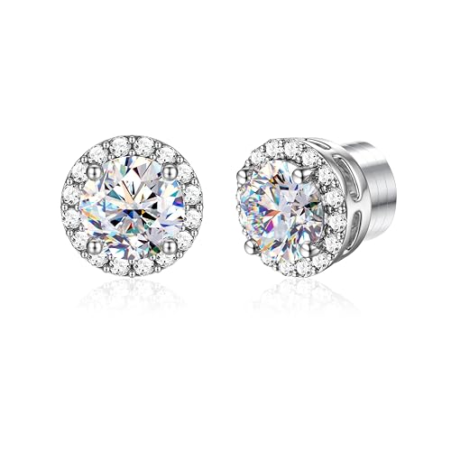 GEMQUEEN Moissanite Magnetic Earrings for Men Women : Hypoallergenic 14K White Gold Plated Stainless Steel Non Piercing Fake Earrings Studs Halo Round D Color VVS1