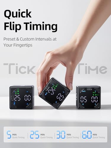 Image of Ticktime Pomodoro Timer Cube, with 25 /5 Auto Cycles, 5 /25 /30 /60 Min Presets, Custom Timer, Stopwatch, Magnetic, Rechargeable, Silent, Vibrate & Sound, for Task, ADHD, Study, Work, Meeting, Black