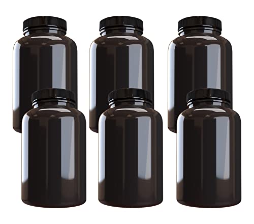 Mountain West Company Plastic Pill Bottle (6 Pack) Dark Amber Container with Black Lid, 500cc Capacity