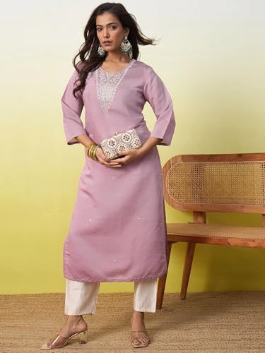 Image of Women's Embroidered Silk Straight Kurta Kurti | Below Knee Kurtas for Women Traditional Indian Wear Outfit Suitable Casual Festive Office Styling