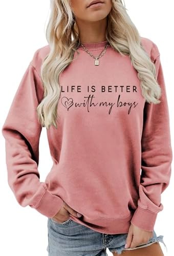 ZAJEAIE Life Is Better With My Boys Sweatshirt, Women Funny Boys Mom Shirt Mom Life Graphic Sweatshirt Casual Fall Pullovers Pink Gold