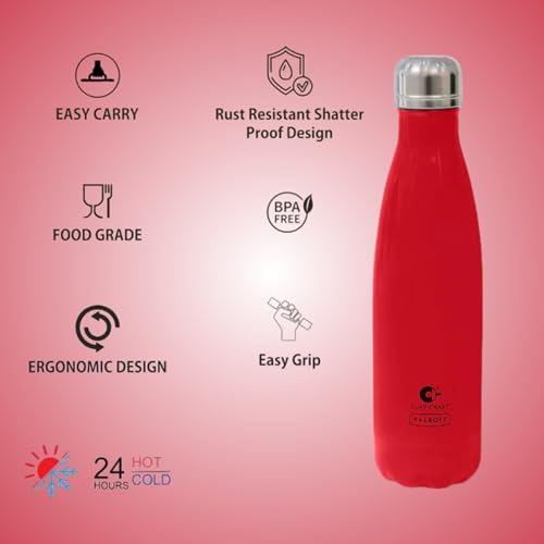 Image of Clay Craft VACBOTT Stark Double Walled 18 Hours Hot and 24 Hours Cold Water Flask Bottle-500ML, 2-Piece(Red) Leak Proof|Easy to Carry|Gym Bottle|Home|Kitchen|Hiking|Travel Bottle|BIS Certified