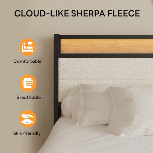 Image of LIKIMIO King Size Bed Frame, Storage Headboard with LED Lights and Charging Station, Metal Platform Bed No Box Spring Needed, Noise Free, Under Bed Storage, Natural and Cream