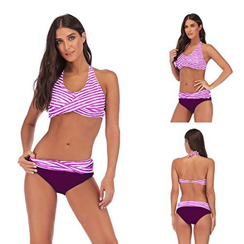 Femme Bikini Maillot de Bain Deux Pièces À Rayures Halter Bandage Haut et Culotte Push Up Swimsuit Grande Taille Vêtements de Plage   (4XL, Violet) Cover