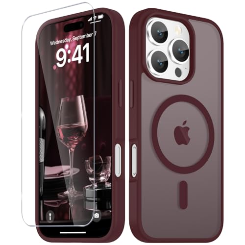 Image of YENAPOON for iPhone 16 Pro Case, Matte Magnetic Phone Cover [with 1 Screen Protector] [Support for MagSafe] [Shockproof Military Grade Protection] Translucent Frosted Back, Wine Red