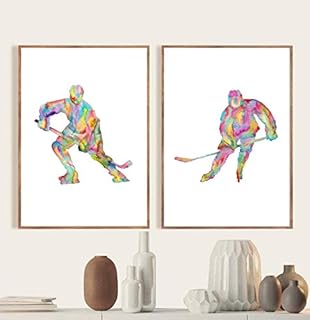 Set of 2 hockey player game ice skating skater goalie sport skydiver skydiving parachuting Painting Wall Poster Watercolor Art Print