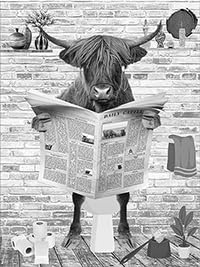 WADBTP Décoration de Salle de Bain Moderne en Noir et Blanc, Affiche de Vache en Papier pour Salle de Bain, Vache lisant un Journal pour Décoration de WC, Affiche sans Cadre (Niu 1,80X120CM*1)