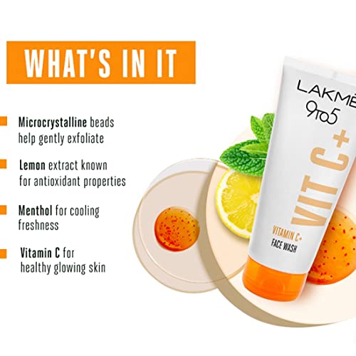 Image of LAKME 9To5 Vitamin C+ Face Wash | 100% Soap-Free | Enriched With Lemon Extract & Exfoliating Beads | For Dry, Oily, Normal, Sensitive & Combination Skin | 100G