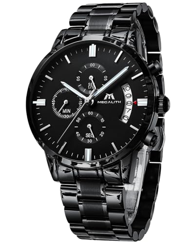 Imagen de MEGALITH Reloj Hombre Cronografo Acero: Negro Relojes de Pulsera Analógico Cuarzo Luminoso Fecha Diseñador Reloj Elegante Regalo para Hombre