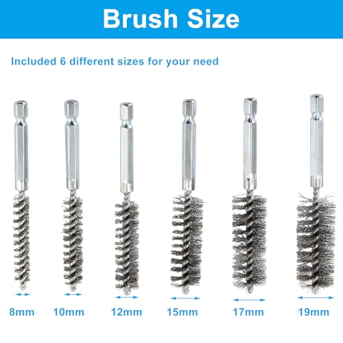 Image of Biaungdo 6 Pcs Stainless Bore Brush Set, 8-19mm Twisted Wire Drill Brush | Double Spiral Wire Fill, 1 /4 Hex Shank for Drill, Rust Debris Removal, Auto Pipes Cylinders Cleaning