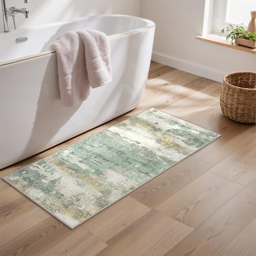 Image of BEIMO Runner Rugs for Hallway 60x180cm, Abstract Long Rugs for Bathroom Non Slip Soft Short Pile, Washable Rug Rugs for Tub, Dining Room, Kitchen Room, Green