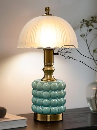 DOFANIE Vintage Lamp for Bedroom,Unique Lamps Cracked Ceramic lamp,UL Rotary Switch Control Glass lamp Shade,Small Table lamp for Living Room Decor Kitchen Lighting (Blue +Glass)