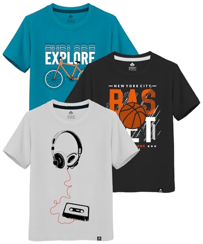 Image of RAAX Boys Regular Fit 100% Cotton Graphic Printed Half Sleeve Tees (Pack of 3) | T-Shirts for Boys from Age 2-16 Years