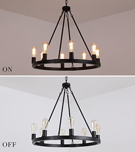 Amzasa Farmhouse 8-Lights Black Industrial Wagon Wheel Chandelier Light Fixture For Foyer Dining Room Kitchen Living Room Entryway Dia27 Inches Ul Listed #TOP7