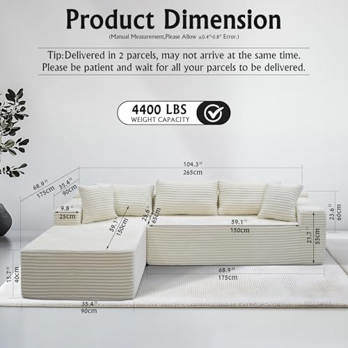 Image of Sectional couches for Living Room Corduroy Couch, 104 inch Cloud Sectional Couch with L-Shape Chaise, Modern Modular Sofa, Deep Seat Comfort, No Assembly Required(Plush Corduroy, Left Facing Chaise)