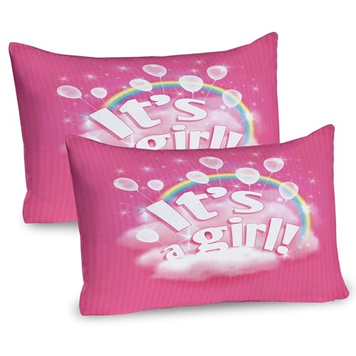 Ambesonne Pink Pillow Sham Set of 2, Blushy Modern Striped Back and Cloudy Rainbow Illustration with Letterings Balloons, Quality Microfiber Bedding Item for All Seasons, 30