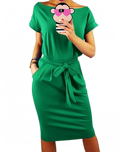 Image of PRETTYGARDEN Women's Summer Short Sleeve Crewneck Striped Dress Basic Solid Tie Waist Office T Shirt Dresses Pockets