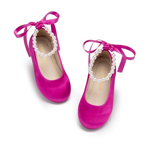 PHIRAMIN Toddler Flower Girl Satin Hot Pink Dress Shoes - Little Girl Ballet Flats Size 10 Pearl Wedding Party