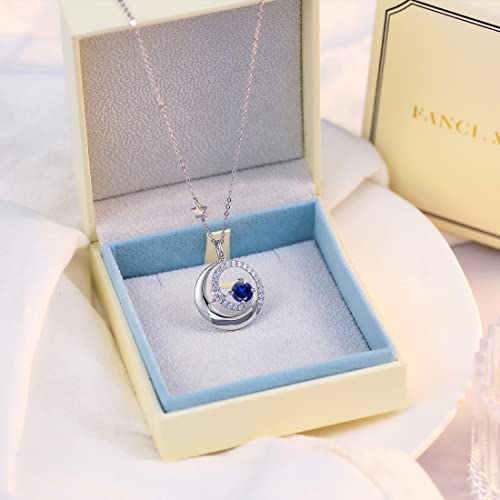 925 Sterling Silver September Birthstone Moon Star Pendant Necklaces Created Blue Sapphire Necklace Jewelry Birthday Anniversary Christmas Gifts For Women Girls Mom Daughter, Adjustable Chain 16"+2" #TOP4