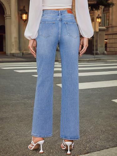 Genleck Women's Blue High Waisted Crossover Jeans - Wide Leg, Stretchable, Casual Denim Pants3