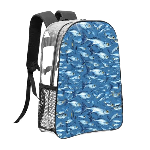 Blue Fishes Ocean Print Work Travel Stadium Events Transparent Backpack PVC Clear Bag Large Side Pockets3