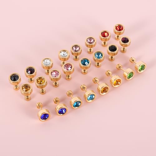 12 Pairs Surgical Stainless Steel Flat Back Birthstone Cubic Zirconia Stud Earrings, Gold Plated Screw Back Round Star Heart Flower Hexagon Triangle CZ Stud Earrings Set2