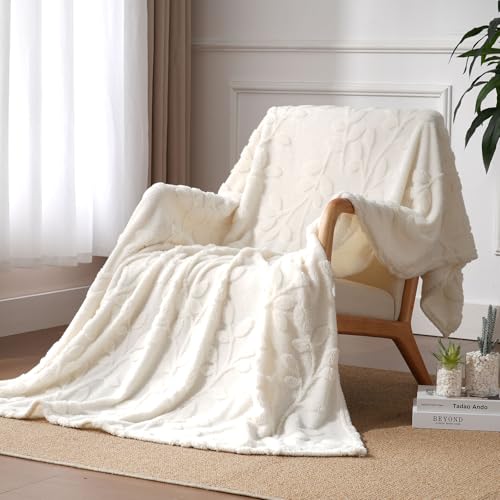 Miyacare Cuddly Blanket Fluffy 100 x 150 cm, Throw, Sofa Blanket, Soft and Warm Cosy Fleece Blanket for Bed and Couch, Living Room & Cuddly Blankets, Blanket, Leaves milk white, W150 x L200CM