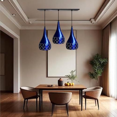 Image of GreyWings 3 Light Hanging Light for Home | Blue Aluminium Pendant Light with E27 Holder | Designer Ceiling Hanging Lamp for Bulb Not Included, Linear Set