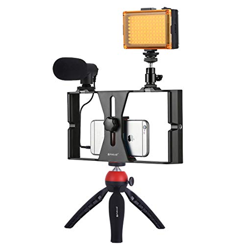 Smartphone Video Rig Kit PULUZ Smartphone Video Grip with Microphone + Video Light + Cold Shoe Tripod Head + Mini Tripod for iPhone Samsung and Most Phones Within 7-inch Screen (Red)