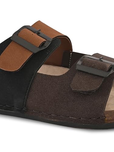 Image of Stanphord Men's Brown & Tan Adjustable Buckle Comfort Sandals | Lightweight Slip-On Open Toe Casual Sandal with Cushioned Footbed & Anti-Slip Sole for, Walking & Summer - TPAI 14827 BROWN-7
