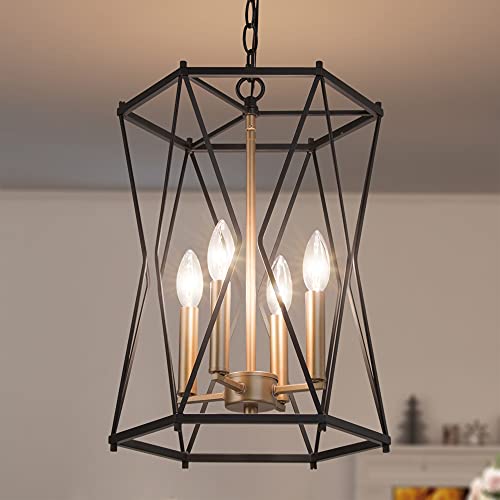 Durent Lighting Black and Gold Chandelier, Modern 4 Light Chandelier