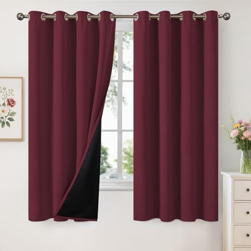 YoungsTex Burgundy 100% Blackout Curtains for Bedroom, Thermal Insulated Black Out Drapes with Grommet for Living Room Energy Saving, 2 Panels, 52 X 63 Inch