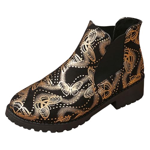 Women's Chelsea Boots Leather Fashion Lug Sole Chunky Heel Slip on Elastic Ankle Booties Butterfly Printed Casual Boots for Women Work Waterproof Outdoor Slip On Lightweight Comfortable Garden Shoes