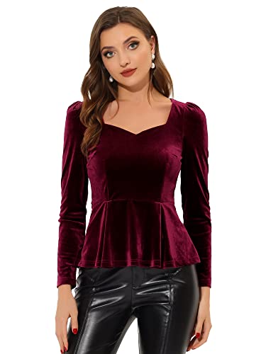 Allegra K Damen Schößchen Bluse Top Velvet Langarm Herzausschnitt Elegant Blusen Burgund L