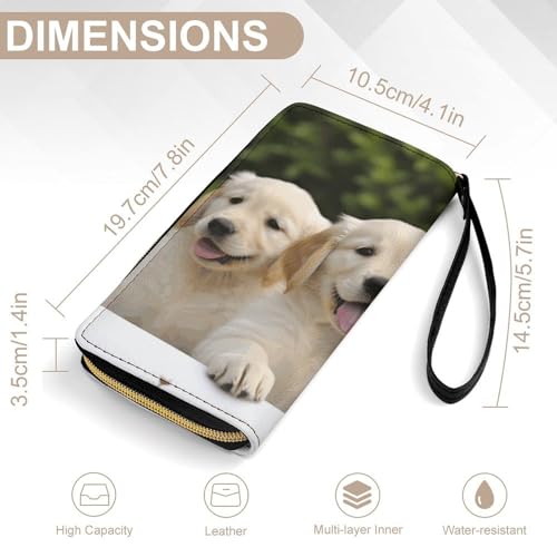 Golden Retriever Puppies Leather Wallet Smooth Zip Around Clutch Wristlet Travel Long Soft Purse for Women2