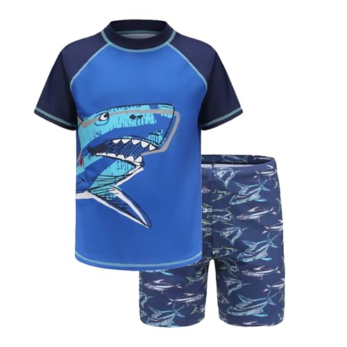 Trsenvrml Conjunto de natación para niños, camiseta de natación de manga corta + traje de baño corto, Tiburón azul, 10-12 años