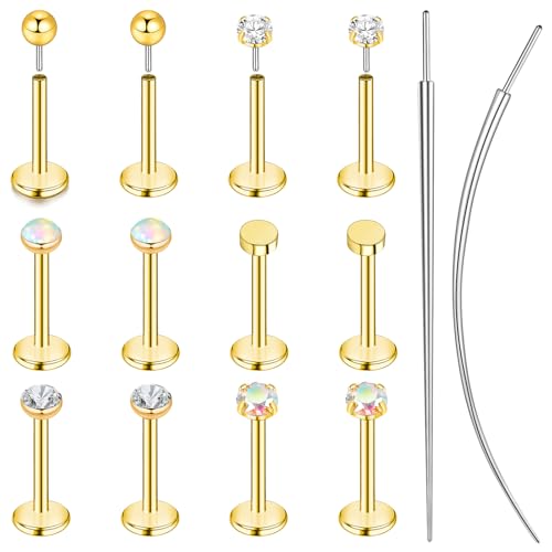 ONESING 16G 18G 20G Flat Back Nose Studs 14K Gold Threadless Flat Back Earrings Hypoallergenic Stainless Steel Nose Rings Studs Cartilage Earrings Tragus Helix Labret Lip Conch Push in Stud Earring for Women Men