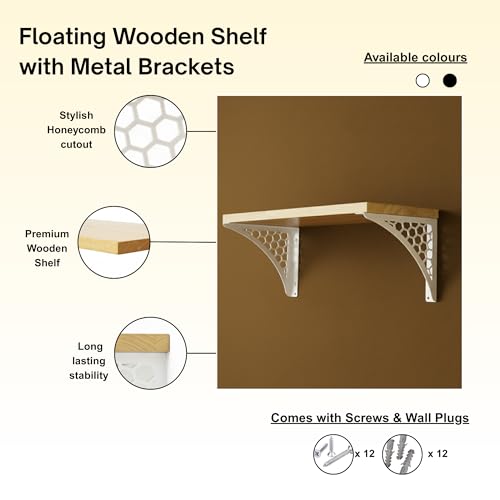 Image of Wall Shelf with Wooden Top Black|White Iron Brackets Storage Rack|Industrial Wall-Mounted Floating Shelf for Living Room,Kitchen,Bathroom (White Single Floral Small)