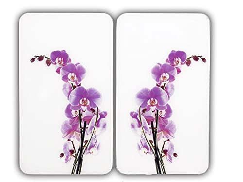 WENKO Placas protectoras para cocina Mod Flor de orquídea, ajustable en altura para todo tipo de cocinas, tabla de cortar y protector contra salpicaduras, vidrio, 30 x 52 cm, juego de 2